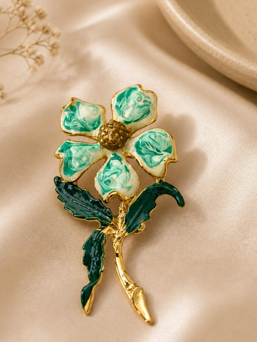 Vintage Enamel Flower Brooch Pin Green Gold 1980s New